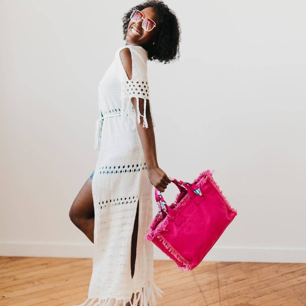 Fuchsia Pink Canvas Fringe Tote Bag